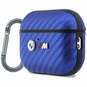 BMW M Carbon dėklas su metaliniu logotipu, skirtas AirPods Pro 3, šviesiai mėlynas
