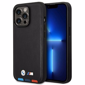Dėklas BMW BMHMP14X22PTDK iPhone 14 Pro Max 6.7 - juodas odinis dėklas su trispalviu spaudu MagSafe