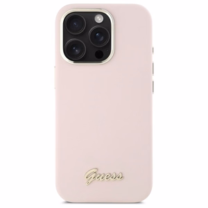 Guess Silikoninis Užrašas Metalinis Logo & Rėmelis iPhone 16 Pro Dėklas - rožinis