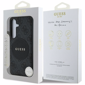 Dėklas telefonui Guess 4G Round Patch Classic Logo MagSafe Samsung Galaxy S25 Plus juodas