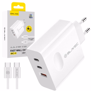 Blavec sieninis įkroviklis BC-11 GaN - USB + 2xType C - QC PD 65W 3A su Type C į Type C laidu (TCBC11G-U2CW653A) baltas