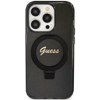 Guess dėklas telefonui su stovu Ring Stand Script Glitter magnetinis iPhone 15 Pro - juodas