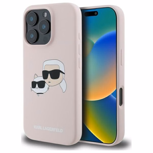 Karl Lagerfeld silikoninis Magnetinis dėklas telefonui iPhone 16 Pro su Nauble galvų atvaizdais - rožinė