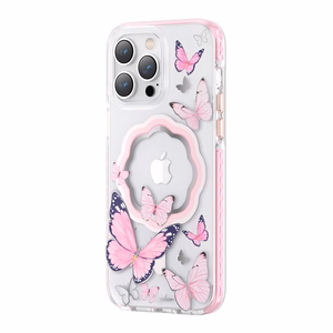 Kingxbar Butterfly Series magnetinis dėklas telefonui iPhone 14 Plus MagSafe su drugelių motyvu rožinės spalvos