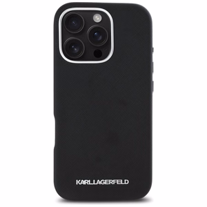 Karl Lagerfeld Saffiano pilnai aptrauktas pailgo metalinio logotipo magnetinis dėklas telefonui iPhone 16 Pro - juodas