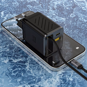 "Dudao A67EU GaN 67W sieninis įkroviklis su įmontuotu ištraukiamu USB-C "Power Delivery" greitojo įkrovimo kabeliu - juodas