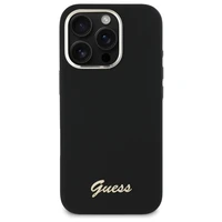 "Guess" silikoninis korpusas su metaliniu logotipu ir rėmeliu, skirtas "iPhone 16 Pro Max" - juodas