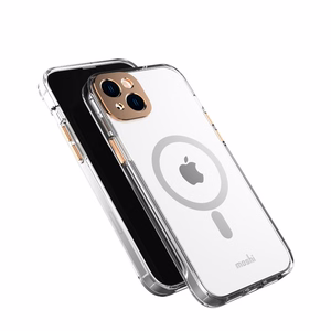 Moshi iGlaze dėklas, skirtas iPhone 14 Plus, suderinamas su MagSafe, skaidrus su „Sunset Gold“ spalvos detalėmis