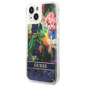 Guess GUHCP14SLFLSB iPhone 14 6.1 "mėlynas kietas dėklas Flower Liquid Glitter