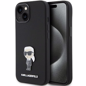 Karl Lagerfeld Silicone Ikonik Metal Pin dėklas iPhone 15 Plus / 14 Plus - juodas