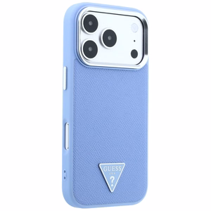Guess Grained Triangle Logo dėklas, skirtas iPhone 18 Pro / 17 Pro, suderinamas su MagSafe – mėlynas