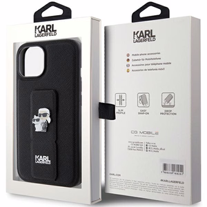 Karl Lagerfeld Gripstand Saffiano Karl&Choupette Pins dėklas telefonui iPhone 15 Plus / 14 Plus - juodas