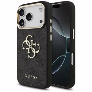 Guess PU Leather 4G Metal Logo Gold Frame dėklas Apple iPhone 18 Pro, juodas