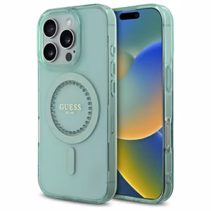 Guess IML Rhinestones Magnetinis dėklas telefonui iPhone 16 Pro - žalias