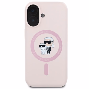 Karl Lagerfeld silikoninis Magnetinis dėklas telefonui iPhone 16 Plus su Karl & Choupette galvų žiedu - rožinė