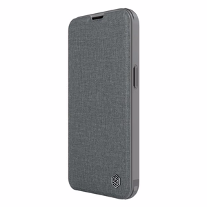 Nillkin Qin audinio dėklas iPhone 14 Plus su kameros dangteliu ir dėklu pilkas