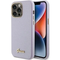 Guess Blizgantis blizgus užrašas dėklas iPhone 15 Pro - alyvinis