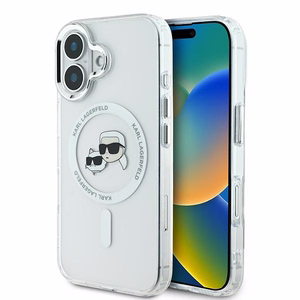 Karl Lagerfeld IML Metal Karl&Choupette Head magnetinis dėklas telefonui iPhone 16 - baltas