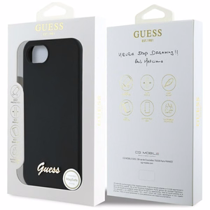 Guess Silicone Script Metal Logo MagSafe dėklas telefonui iPhone 16e - juoda