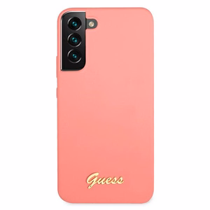 Guess GUHCS22MLSLMGFU S22+ S906 fuksija/fuksija kietas dėklas Silicone Script Metal Logo