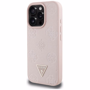 Guess Grained Hot Stamp Peony trikampio logotipo magnetinis dėklas telefonui iPhone 16 Pro - rožinis