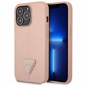 Guess GUHCP14XPSATLP iPhone 14 Pro Max 6.7" rožinis kietasis dėklas Saffiano Triangle Logo