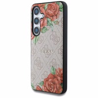 Guess odinis 4G gėlių rašto metalo klasikinis logotipas magnetinis dėklas telefonui Samsung Galaxy S25 - rožinis