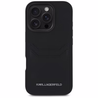 Karl Lagerfeld HC Grūdinto PU dėklas su kortelių skyriumi ir metaliniu Elong iPhone 16 Pro - juodas