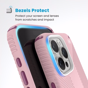 Speck Presidio2 Grip ClickLock & MagSafe dėklas, skirtas iPhone 16 Pro Max, „Wednesday Pink“ / „Boysenberry Purple“ / baltas