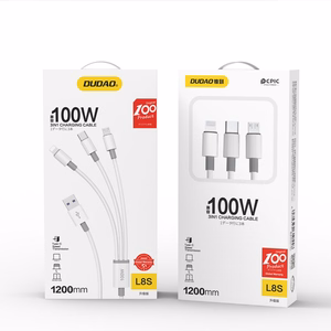 Dudao L8s-3in1 USB-A–USB-C / Micro-USB / Lightning kabelis, 100 W, 1,2 m, baltas