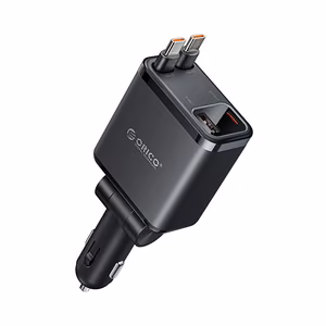 Orico Twin Reach 45W USB-A + USB-C automobilinis įkroviklis su dviem sutraukiamais USB-C laidais - juodas