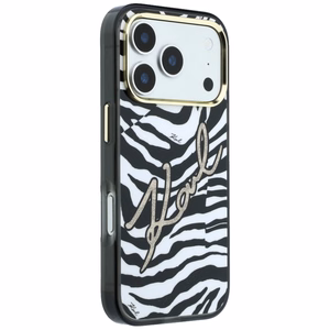 Karl Lagerfeld IML Signature Zebra Glitter MagSafe dėklas, skirtas iPhone 17 Pro / 18 Pro – auksinis