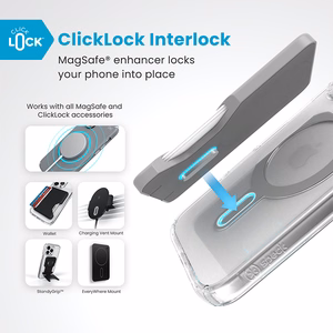 Speck Presidio Perfect-Clear dėklas su MagSafe ir ClickLock, skirtas iPhone 16, „Clear/Chrome“