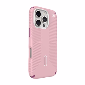 Speck Presidio2 Grip ClickLock & MagSafe dėklas, skirtas iPhone 16 Pro, „Wednesday Pink“ / „Boysenberry Purple“ / baltas