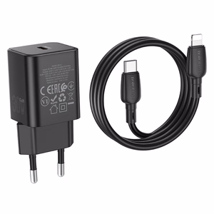 Borofone Sieninis įkroviklis BN13 Safety GaN - Type C - PD 30W su Type C į Lightning kabeliu juodas