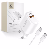 Tech-Protect NCA20 PD 20W QC3.0 USB-A / USB-C sieninis įkroviklis + USB-C / USB-C kabelis 100cm - baltas