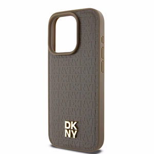 DKNY Odinis monogramos rašto metalinis logotipas Magnetinis dėklas iPhone 15 Pro - ruda