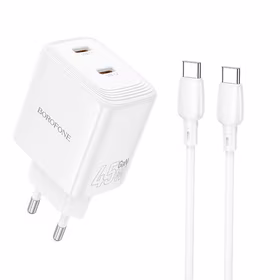 Borofone sieninis įkroviklis BN31 Cargador GaN - 2x Type C - QC 3.0 PD 45W su Type C į Type C kabeliu baltas