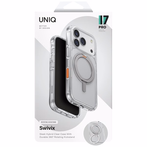 Uniq Swivix dėklas iPhone 17 Pro su 360° pasukamu stovu – skaidrus