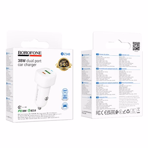 "Borofone" automobilinis įkroviklis BZ34B Cloud - USB + C tipo - QC 3.0 PD 38W, baltas