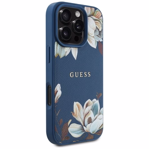 Guess Grained Printed Flower Pattern MagSafe dėklas telefonui iPhone 16 Pro mėlynas