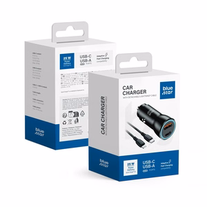 BLUE STAR automobilinis įkroviklis 3A 25W Type C + USB A + kabelis Type C į Lightning PD QC3.0 AFC PPS juodas