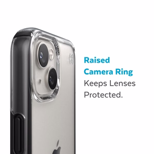 Speck Presidio Perfect-Clear with Impact Geometry case for iPhone 15 Plus / 14 Plus, with Microban antimicrobial protection, Clear / Black