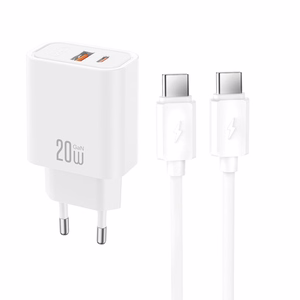 XO CE40 PD 20W sieninis įkroviklis, 1x USB-C, 1x USB, baltas + USB-C–USB-C laidas