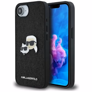 Чехол Karl Lagerfeld Fixed Glitter Karl&Choupette Heads Metal Pin для iPhone 16e - чёрный