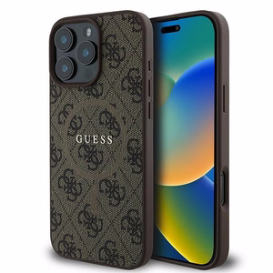 Guess 4G žiedas klasikinis logotipas magnetinis dėklas iPhone 16 Pro - rudas