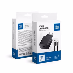 Įkroviklis Blue Star (TFB-TC-20W) + "USB-C (Type-C) to "USB-C (Type-C)" (1xUSB-C 20W) juodas