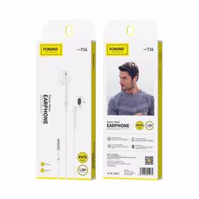 Ausinės į ausis, laidinės Foneng T34, mini lizdas 3.5mm, su nuotolinio valdymo pultu (baltos)