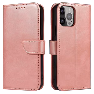 Magnetinis dėklas Samsung Galaxy S23 Ultra su atverčiamu piniginės dangteliu ir stovu rožinė