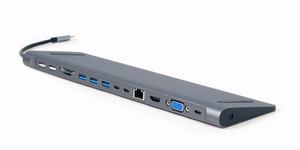 Gembird A-CM-COMBO9-01 USB Type-C 9-in-1 kelių prievadų adapteris (USB šakotuvas + HDMI + VGA + PD + kortelių skaitytuvas + LAN + 3,5 mm garsas), erdvė pilka